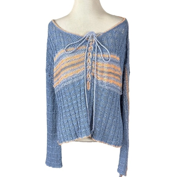 FREE PEOPLE Marina Bay Lace-Up Sweater in Sunset Combo Size Small Bell Sleeve - Picture 9 of 16